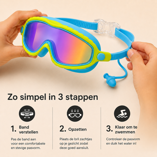 AquaClip Kids — kinderduikbril met clip-sluiting en bevestigde oordopjes