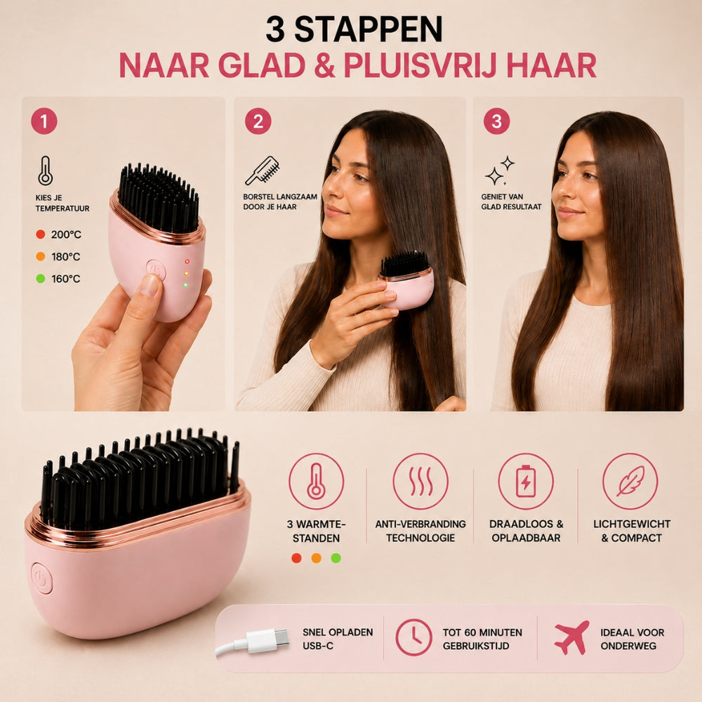Eluné Pro - Draadloze Elektrische Stijlkam voor Glad en Pluisvrij Haar